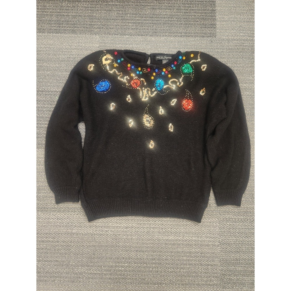 Vtg 80s Work in Progress Silk Angora Sweater Black Knit Sequin Gladys Bagley Lg.